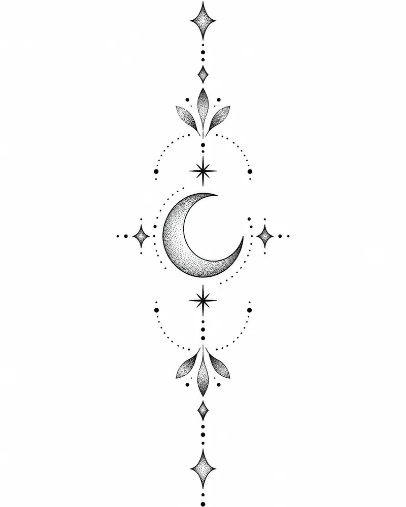 Dotwork moon tattoo design: a tiny crescent moon, black and grey, for the forearm