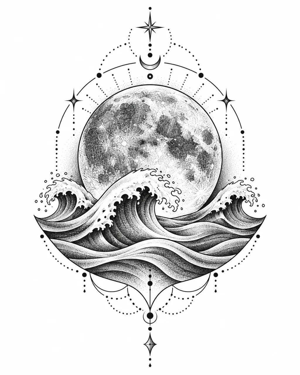Dotwork full moon tattoo design over rolling waves, for the upper arm