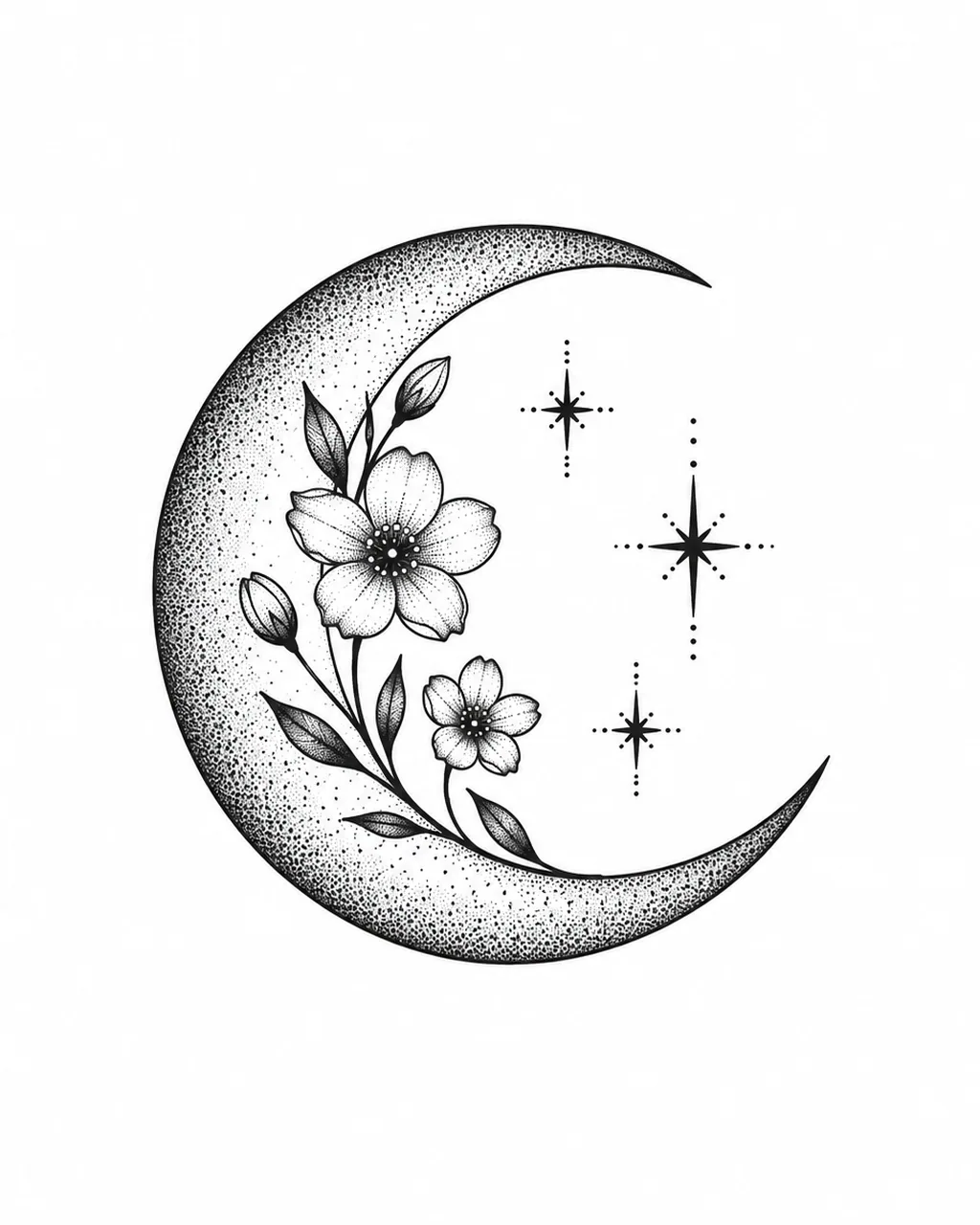 Dotwork moon tattoo design with a wildflower sprig, for the wrist
