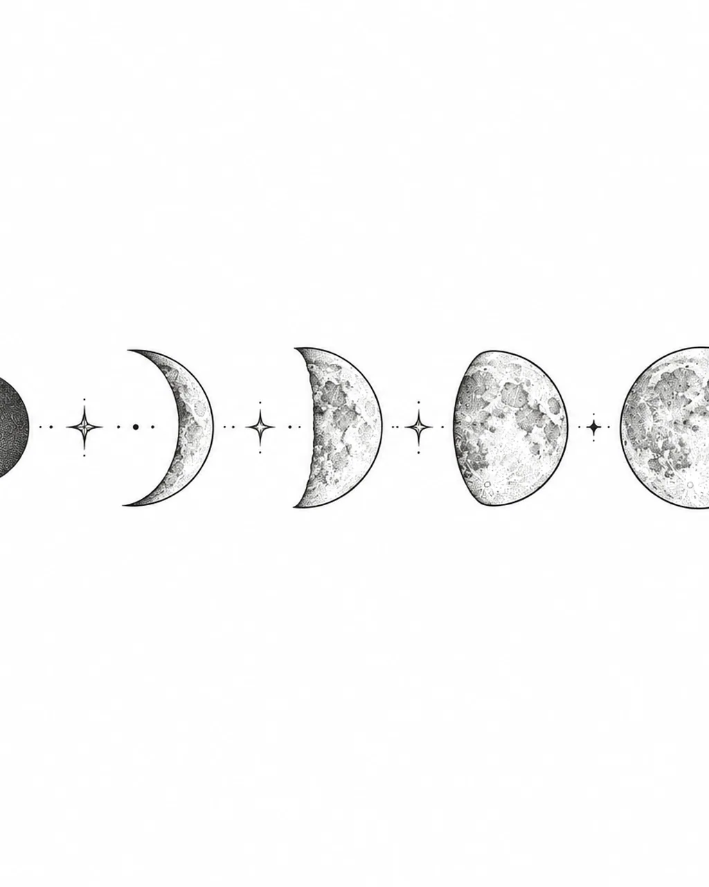Fine line moon phases tattoo design in a horizontal row, for the ankle