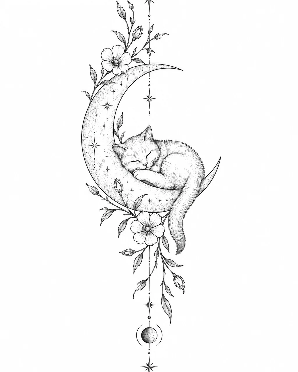 Fine line moon tattoo design with a cat curled in the crescent, for the forearm