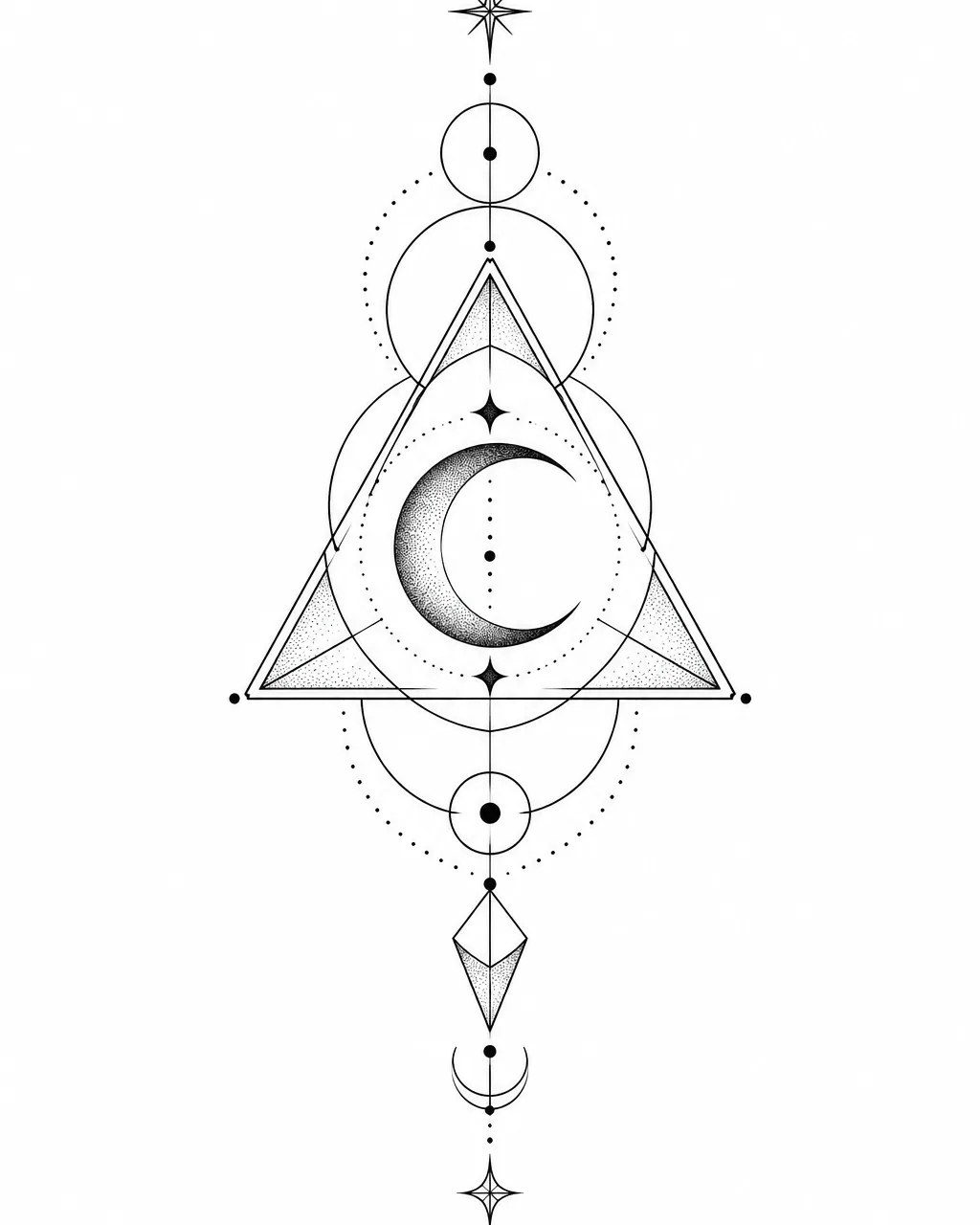 Geometric moon tattoo design inside a triangle, for the forearm