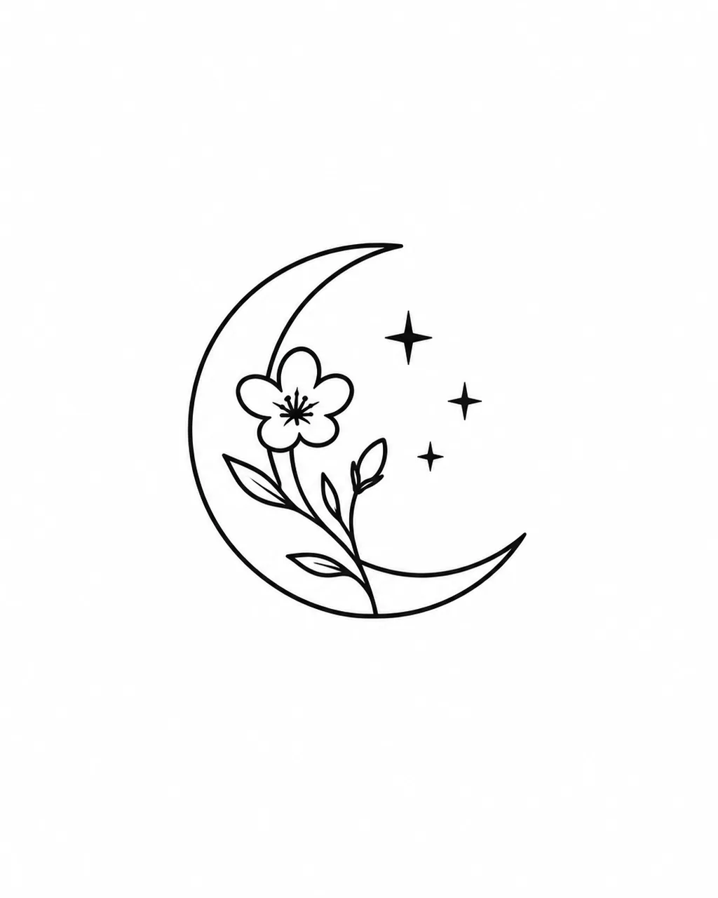 Minimalist moon tattoo design with a wildflower sprig and stars, for the wrist