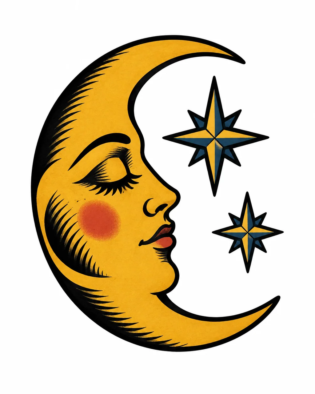 American traditional moon face tattoo design in profile, for the upper arm