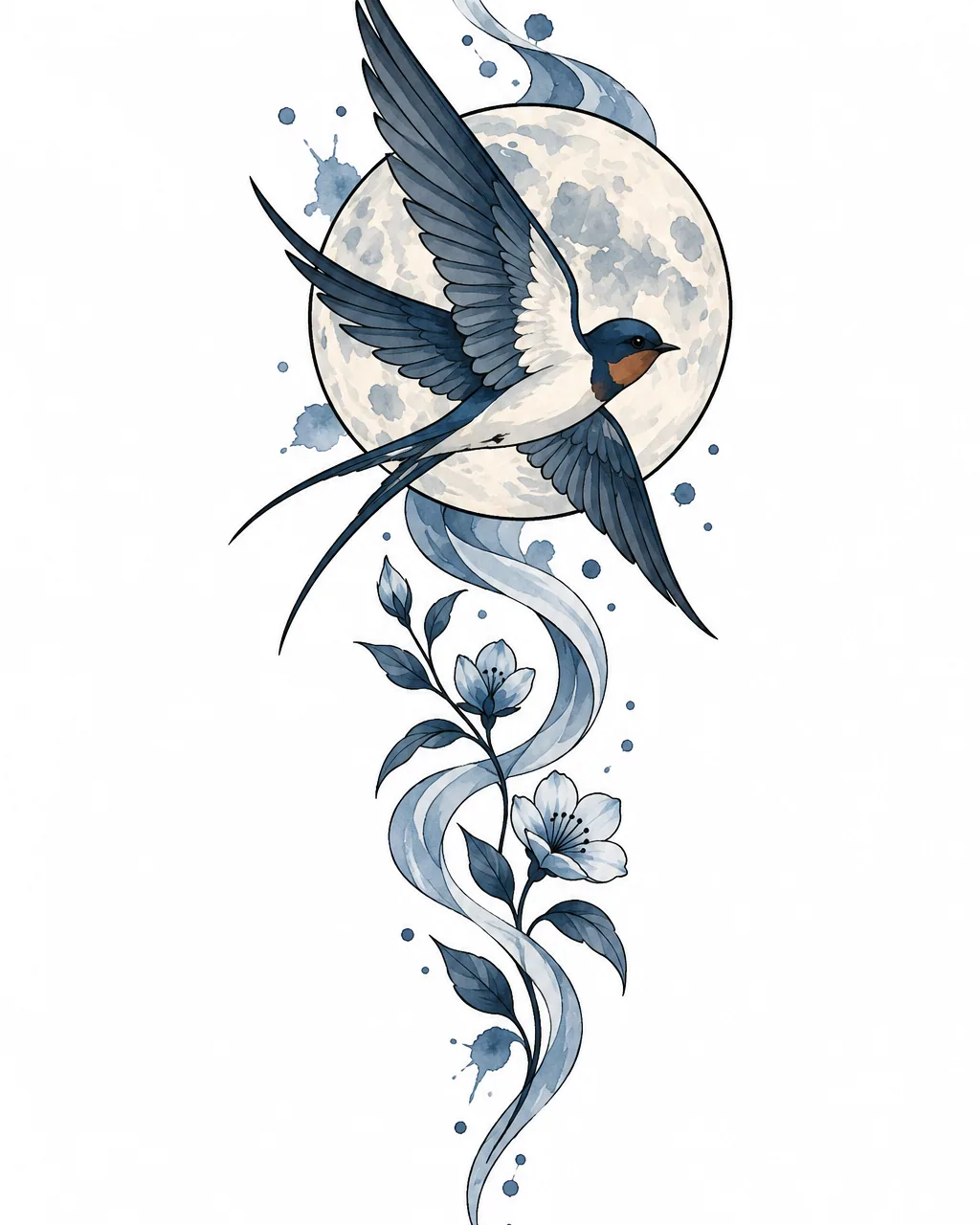 Watercolor moon tattoo design with a swallow flying across, for the forearm