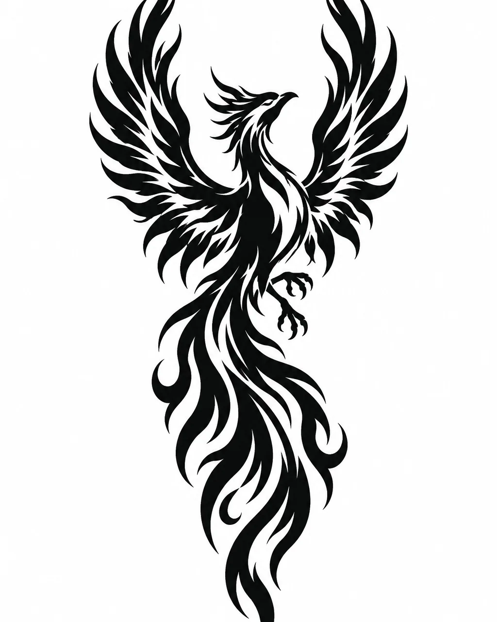 Blackwork phoenix silhouette tattoo design made of flame shapes, for the forearm
