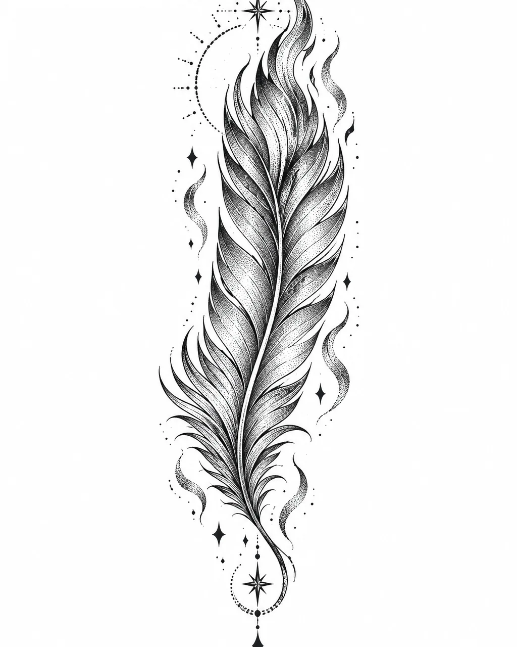 Dotwork phoenix feather tattoo design with drifting embers, for the forearm