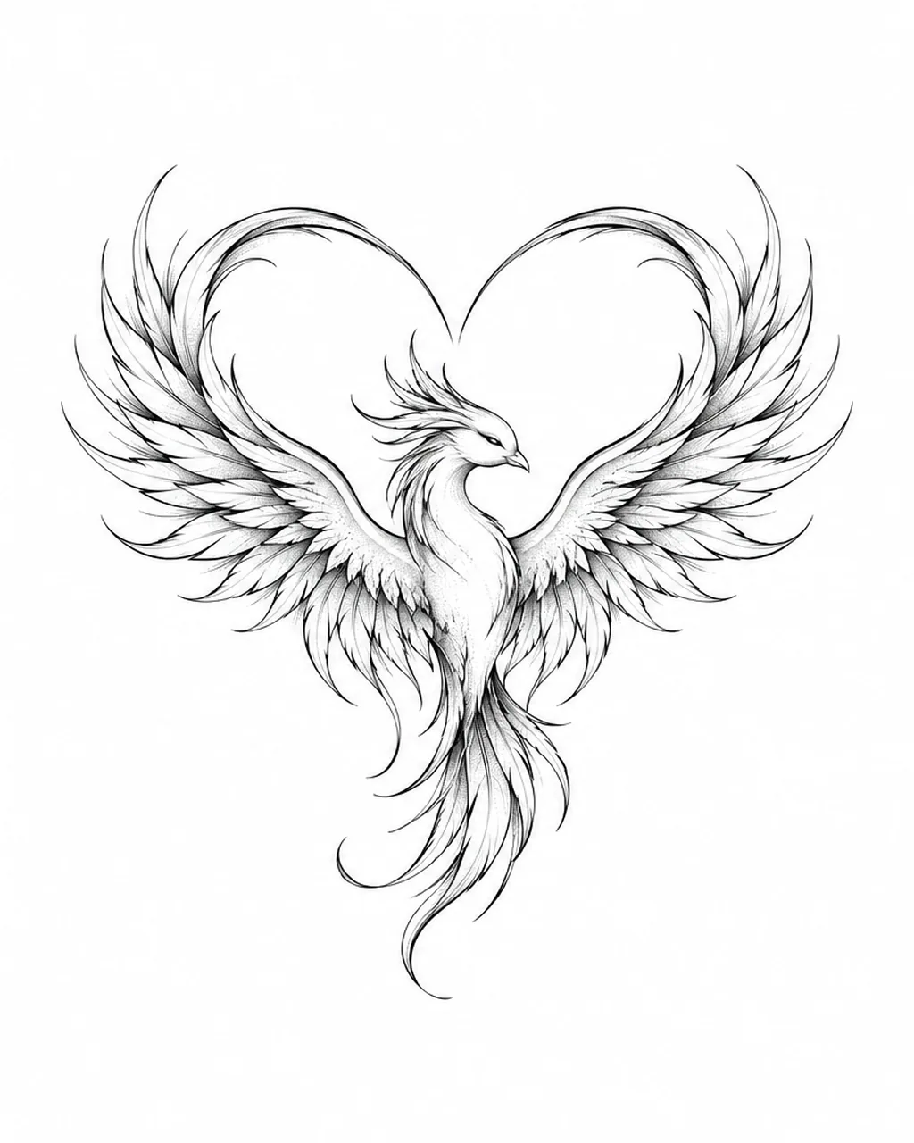Fine line phoenix tattoo design with wings forming a heart, for the ankle