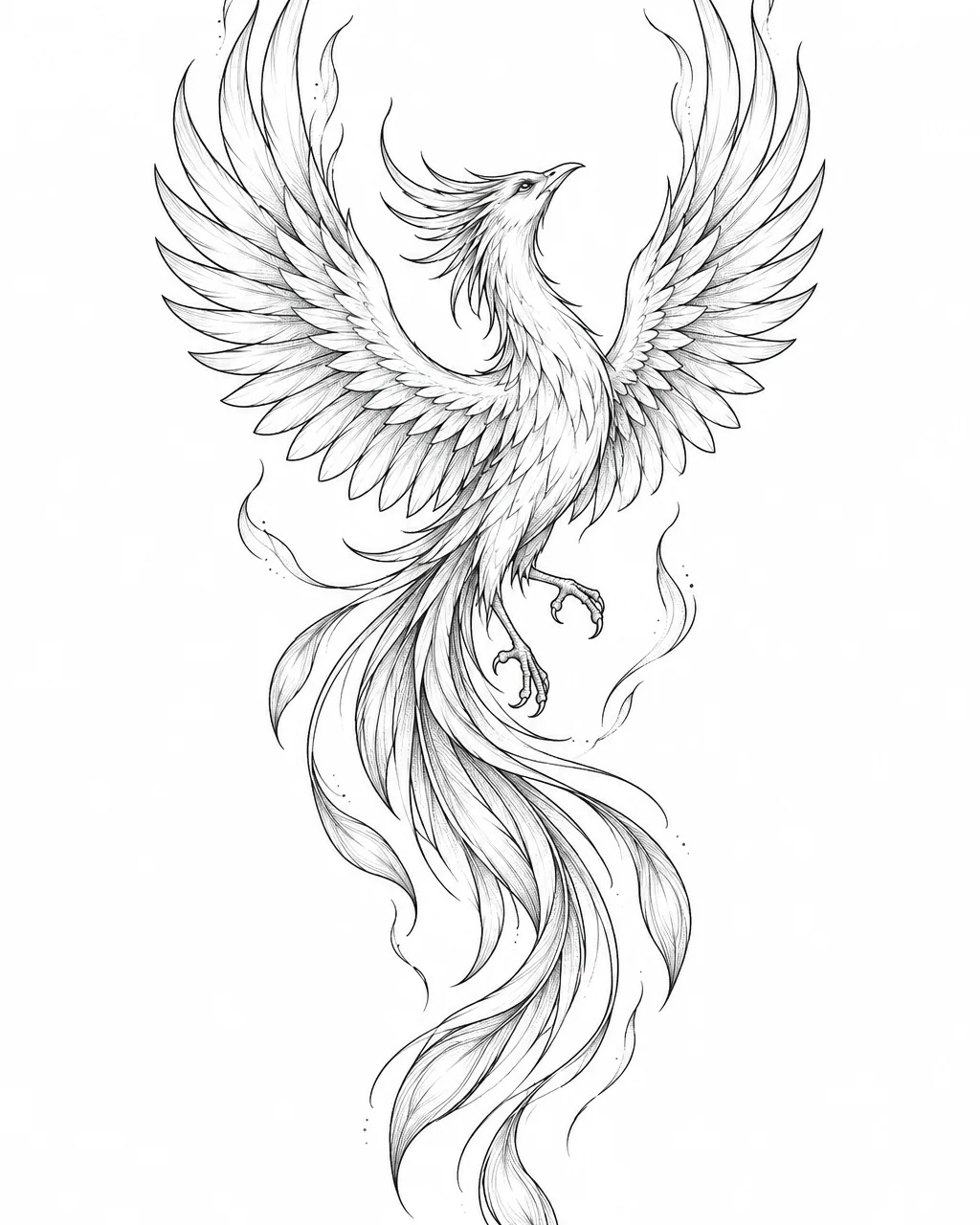 Fine line phoenix tattoo design rising with ribbon tail feathers, black ink, for the calf