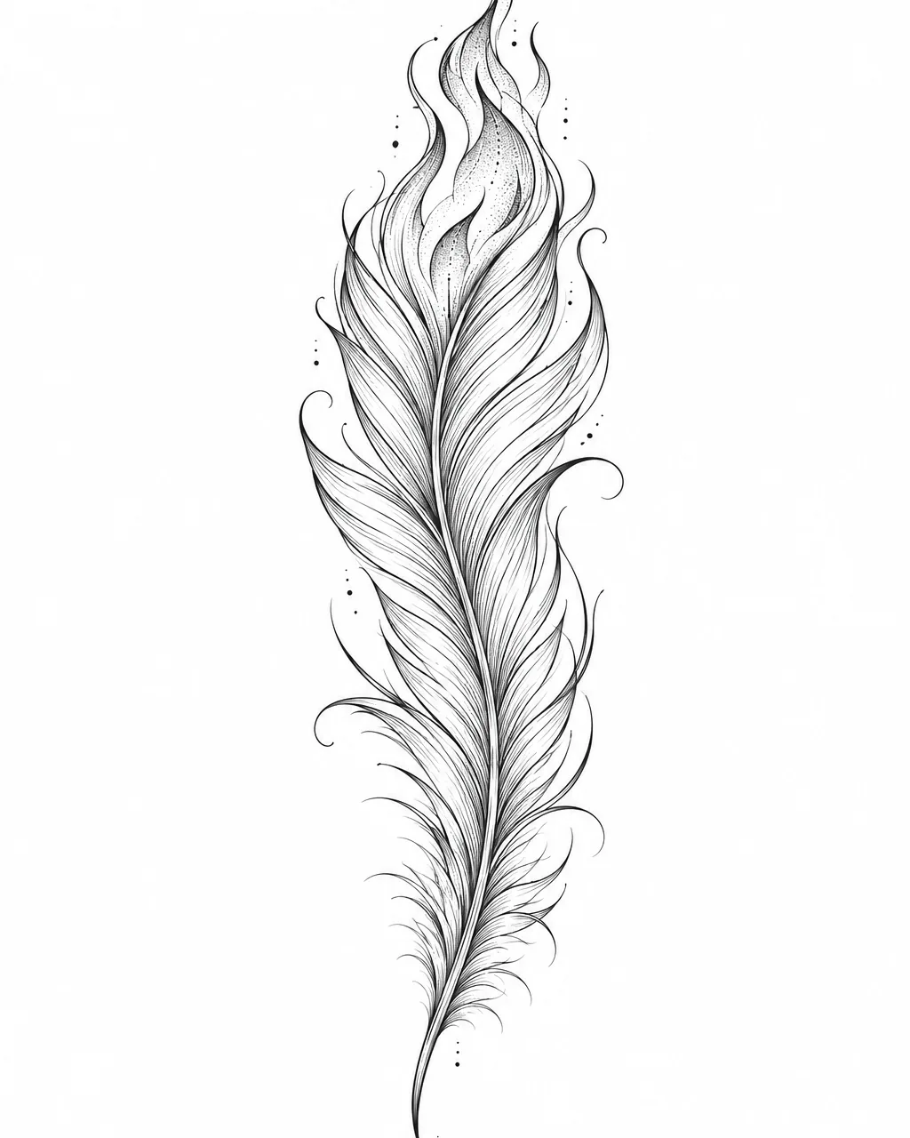 Fine line phoenix feather tattoo design curling into a flame, for the forearm