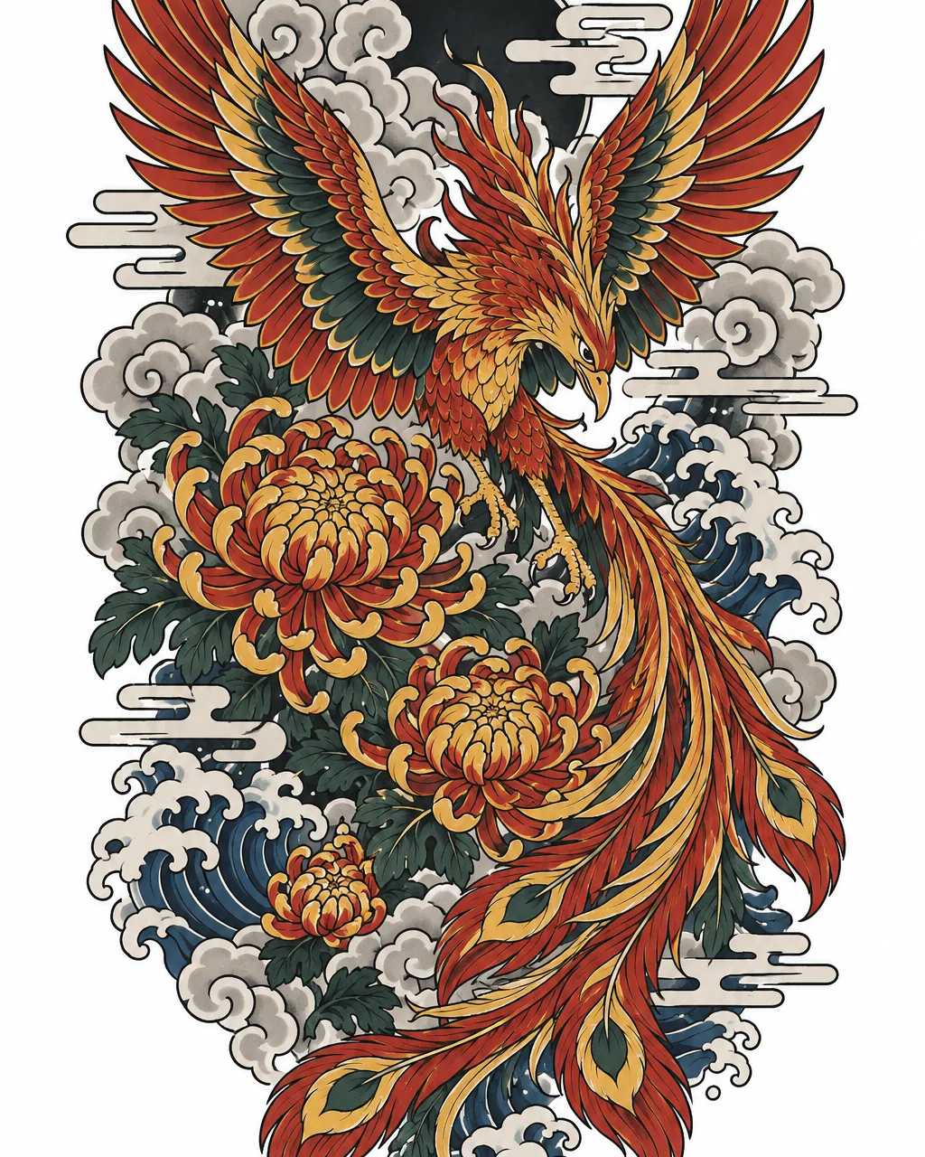 Japanese phoenix tattoo design over chrysanthemums, planned as a back piece