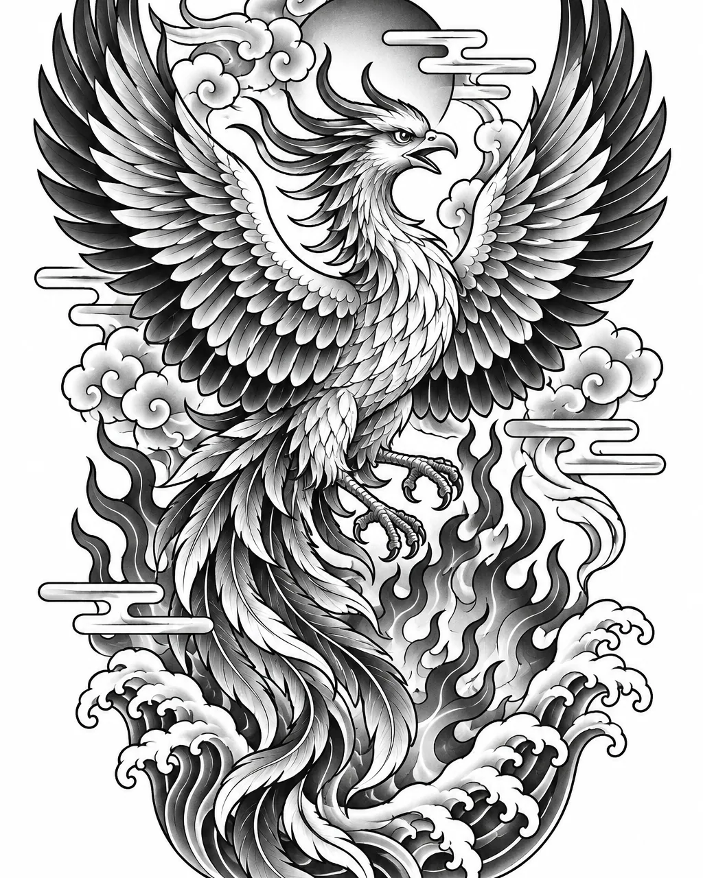 Japanese phoenix tattoo design with wings spread over flames, black and grey, for the upper arm