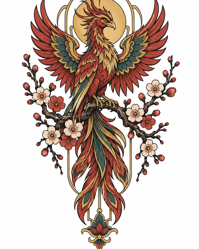 Neo-trad phoenix tattoo design: a phoenix perched on a flowering plum branch, in color, for the back