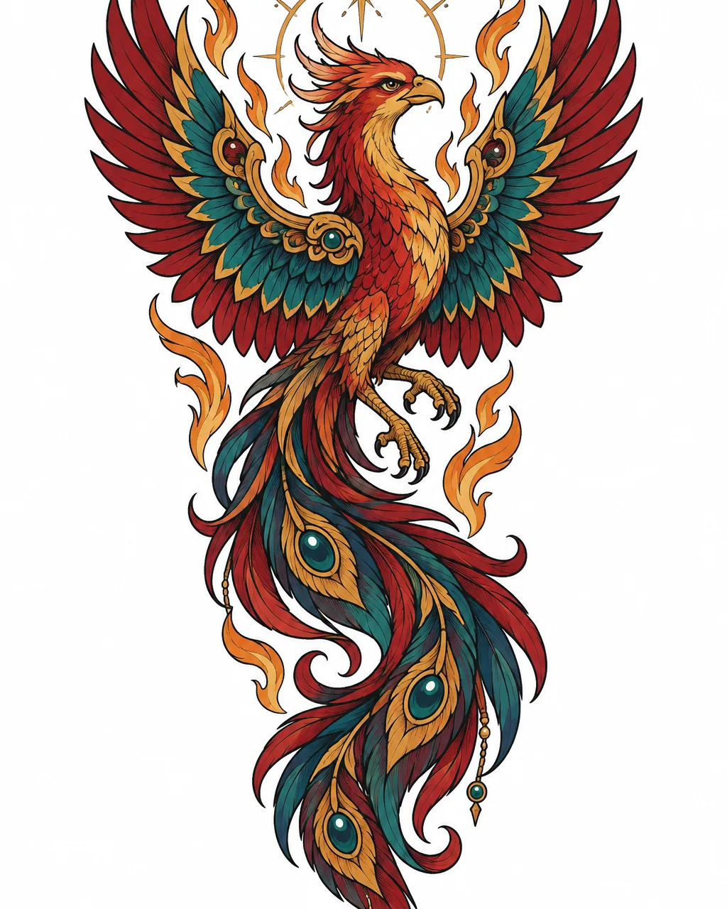 Neo-traditional phoenix tattoo design with ornate jewel-tone tail feathers, for the calf