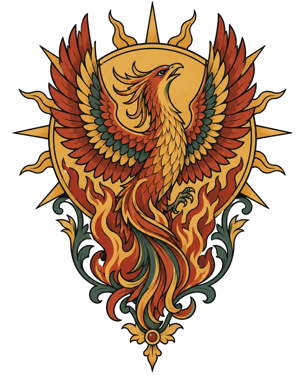 Neo-traditional phoenix tattoo design inside a sun medallion, for the upper arm