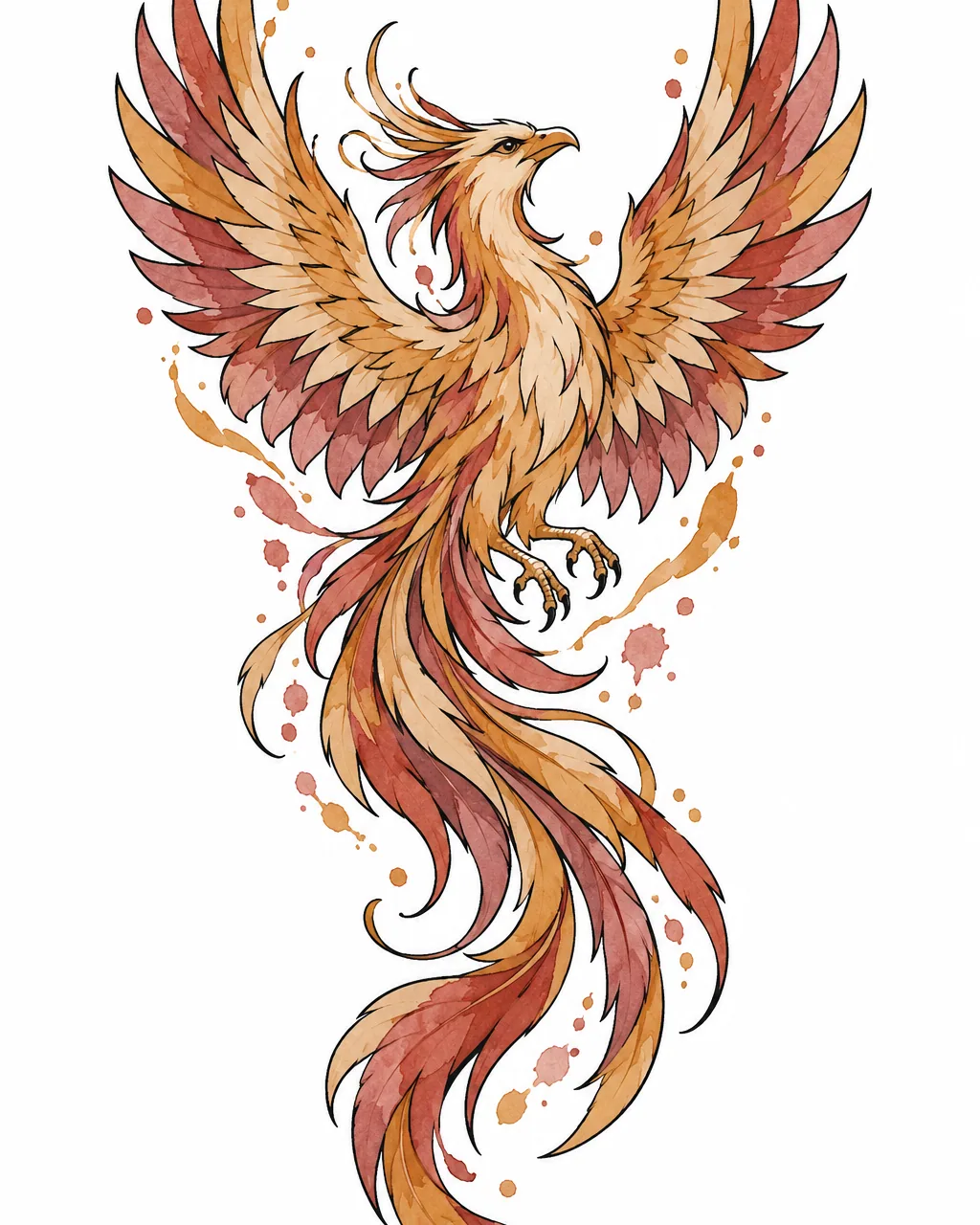 Watercolor phoenix tattoo design rising with long tail feathers in warm washes, for the calf