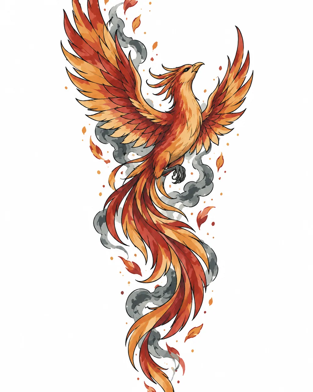 Watercolor phoenix tattoo design spiraling through embers, for the forearm