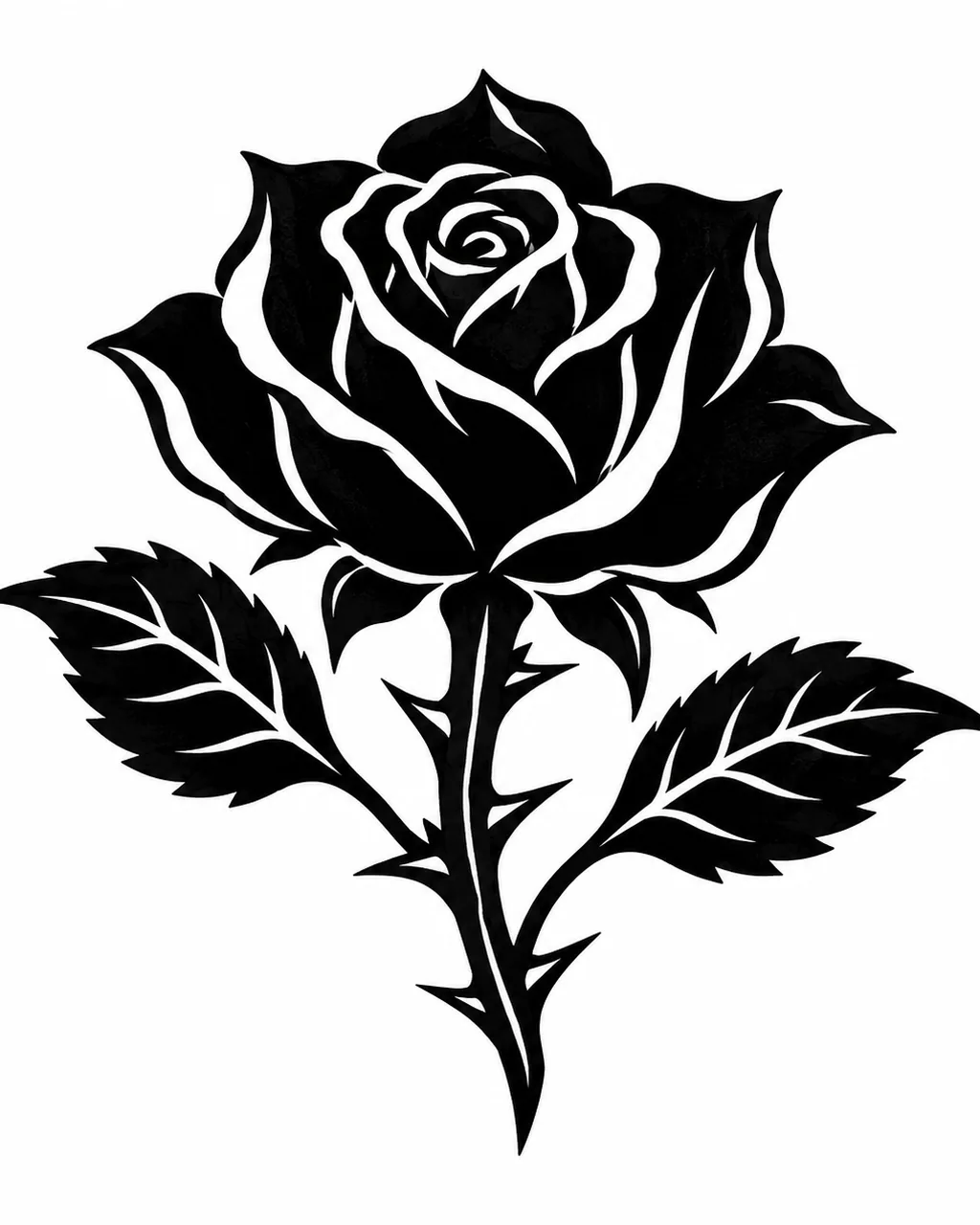 Blackwork rose silhouette tattoo design with sharp thorns, for the back of the hand