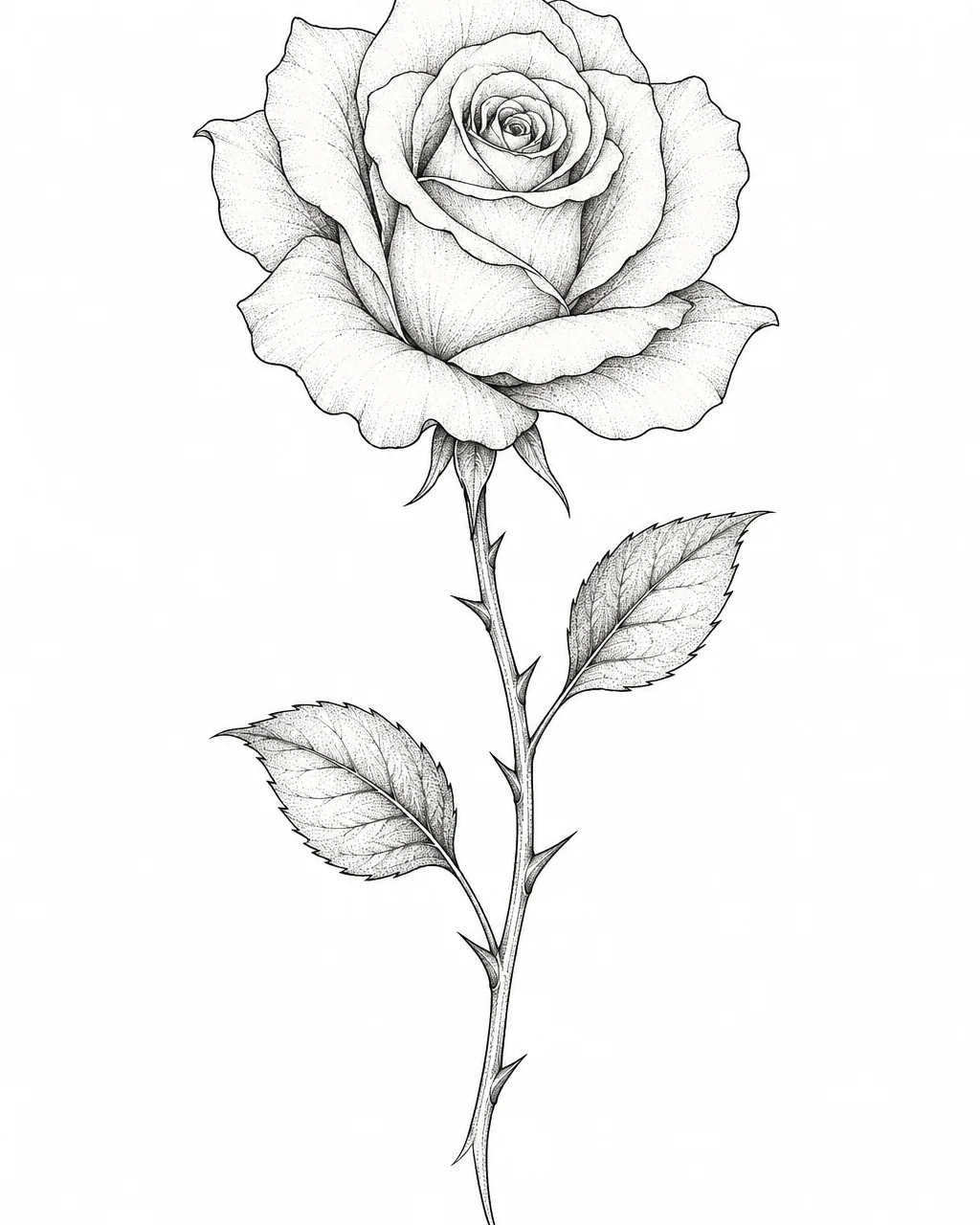 Fine line rose tattoo design with an open bloom and two leaves, black ink, for the forearm