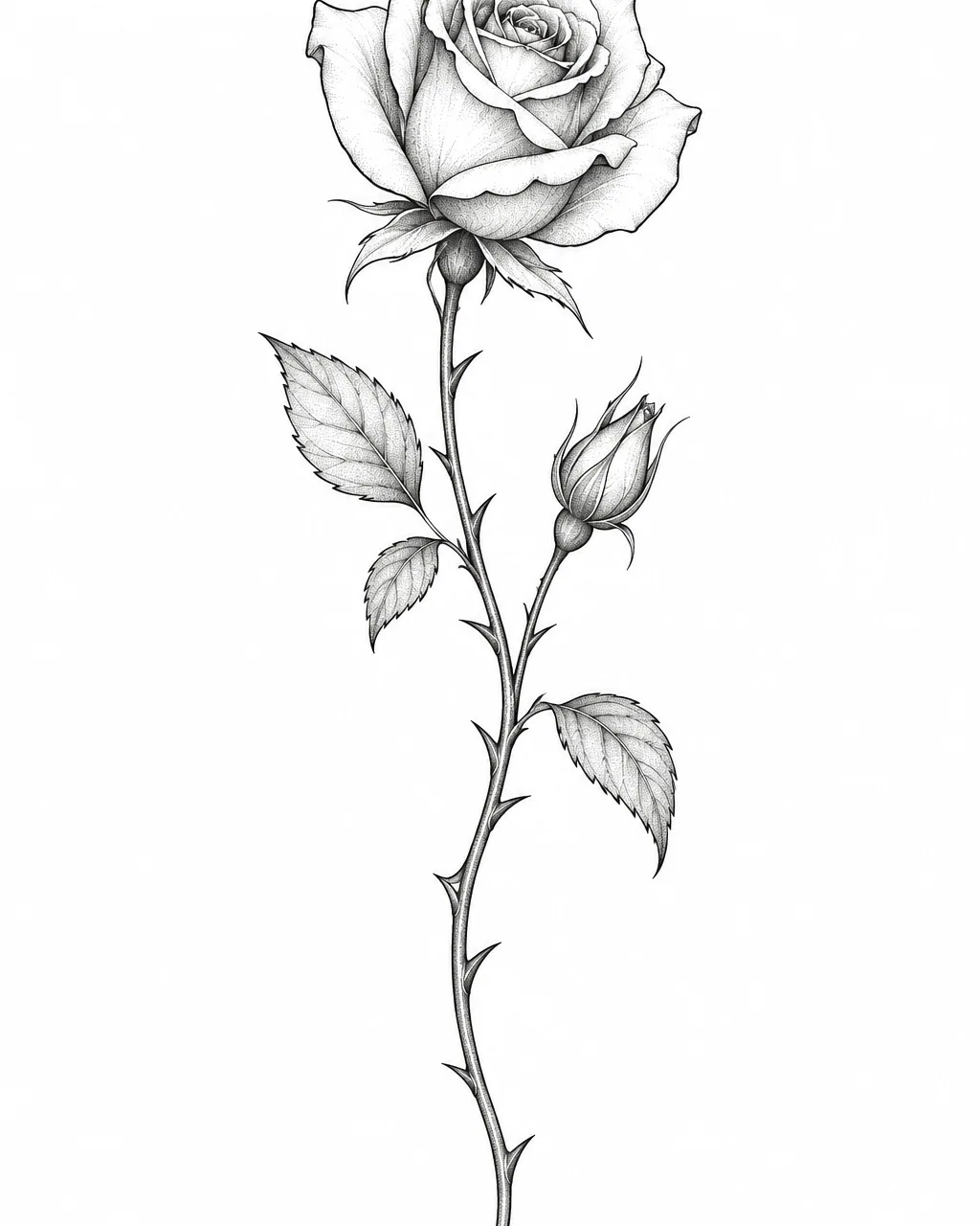 Fine line long-stem rose tattoo design with a curving thorny stem, for the forearm
