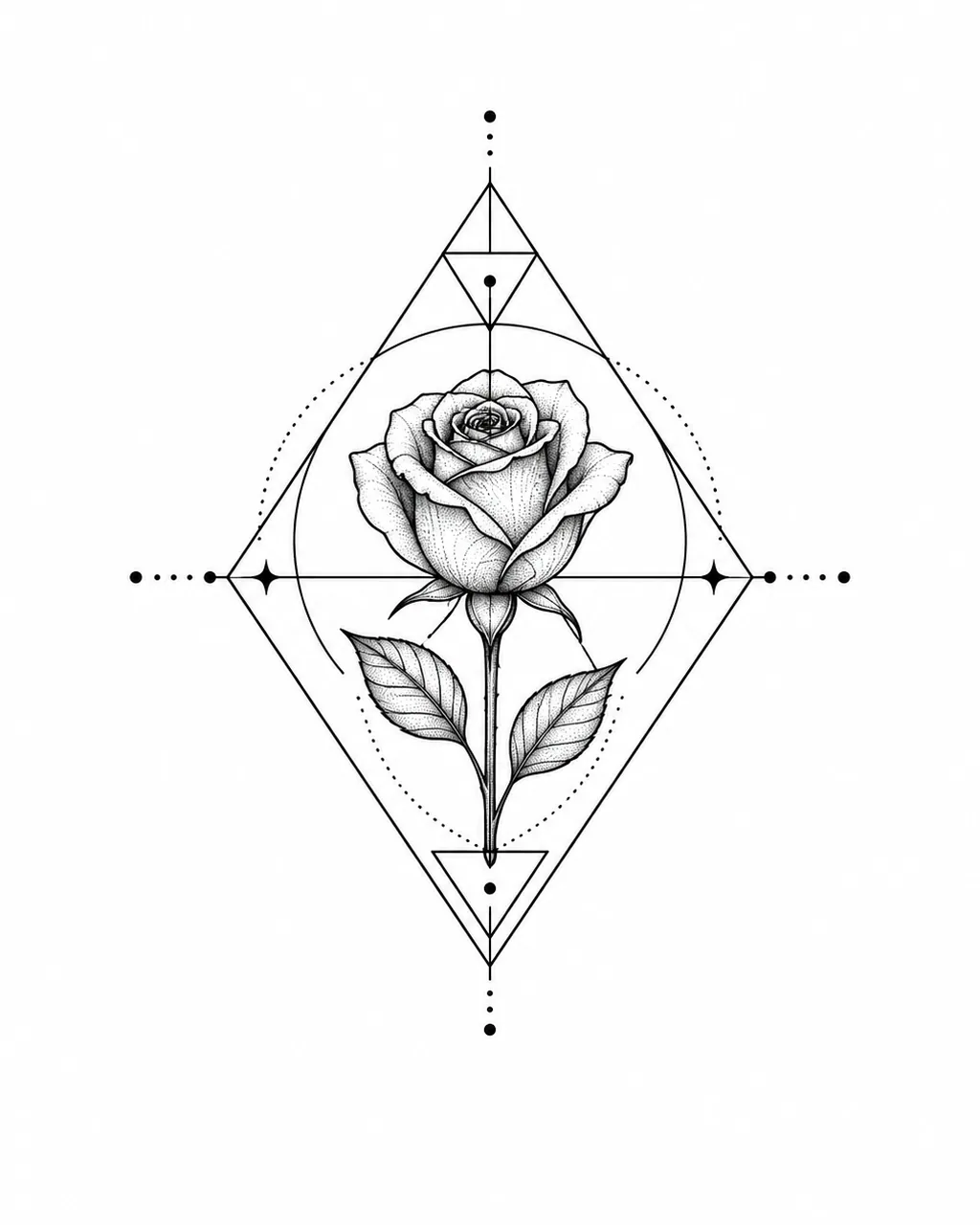 Geometric rose tattoo design inside a diamond frame, black ink, for the wrist