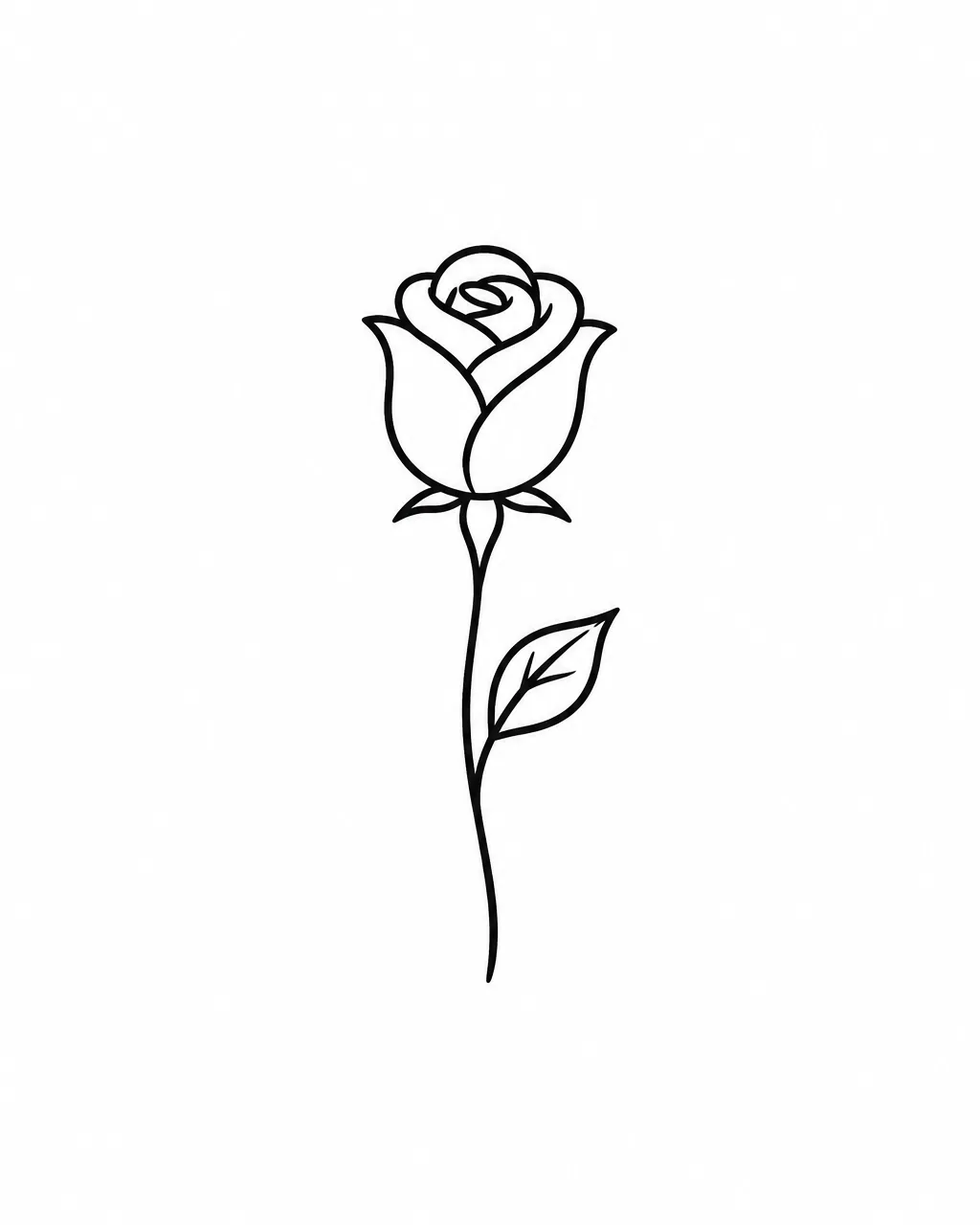 Minimalist tiny rose tattoo design with one leaf, black ink, for a finger