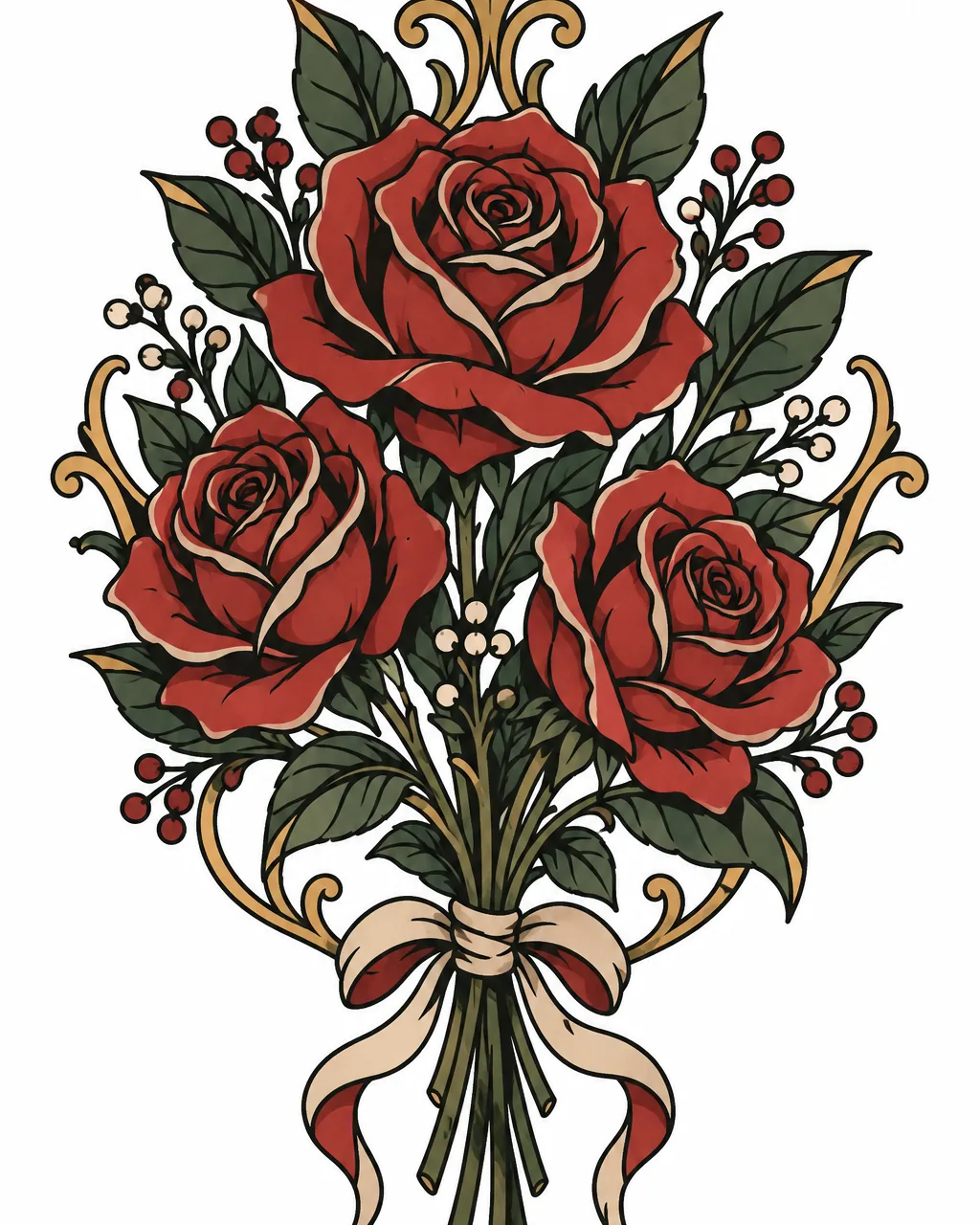 Neo-traditional rose tattoo design of a three-rose bouquet in jewel tones, for the upper arm