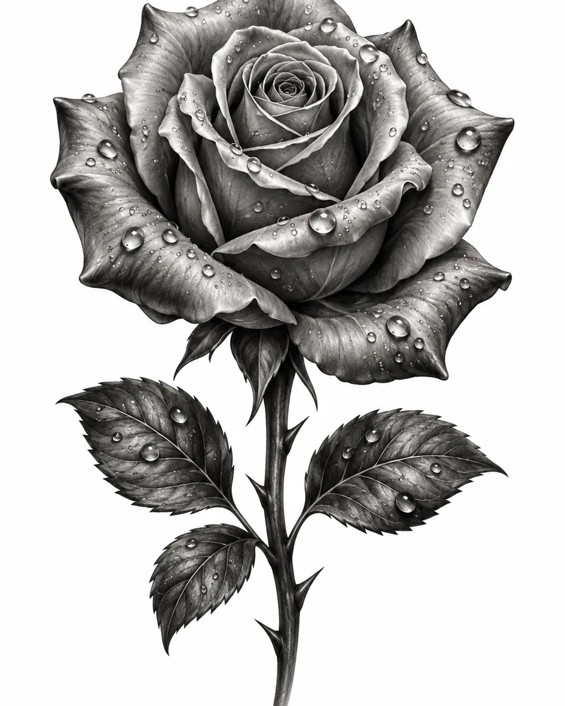Realism rose tattoo design: a rose in full bloom with dew on its petals, black and grey, for the back