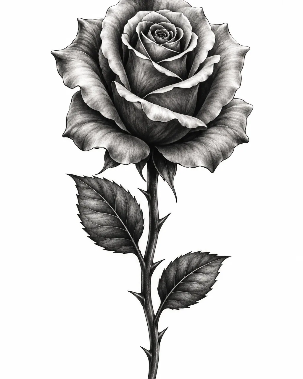 Black and grey realism rose tattoo design with velvety petals, for the forearm