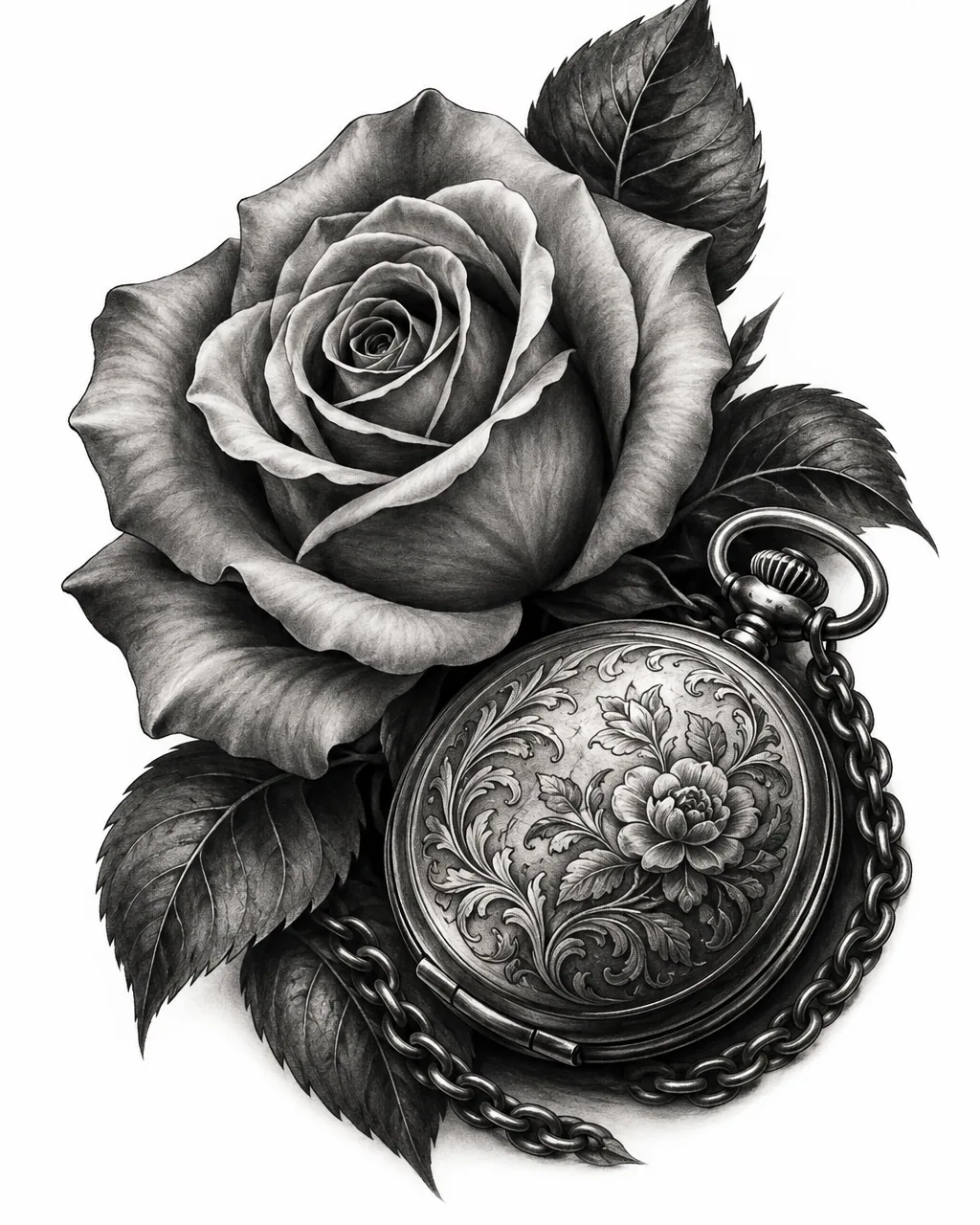 Black and grey realism rose tattoo design with a closed pocket watch, for the upper arm