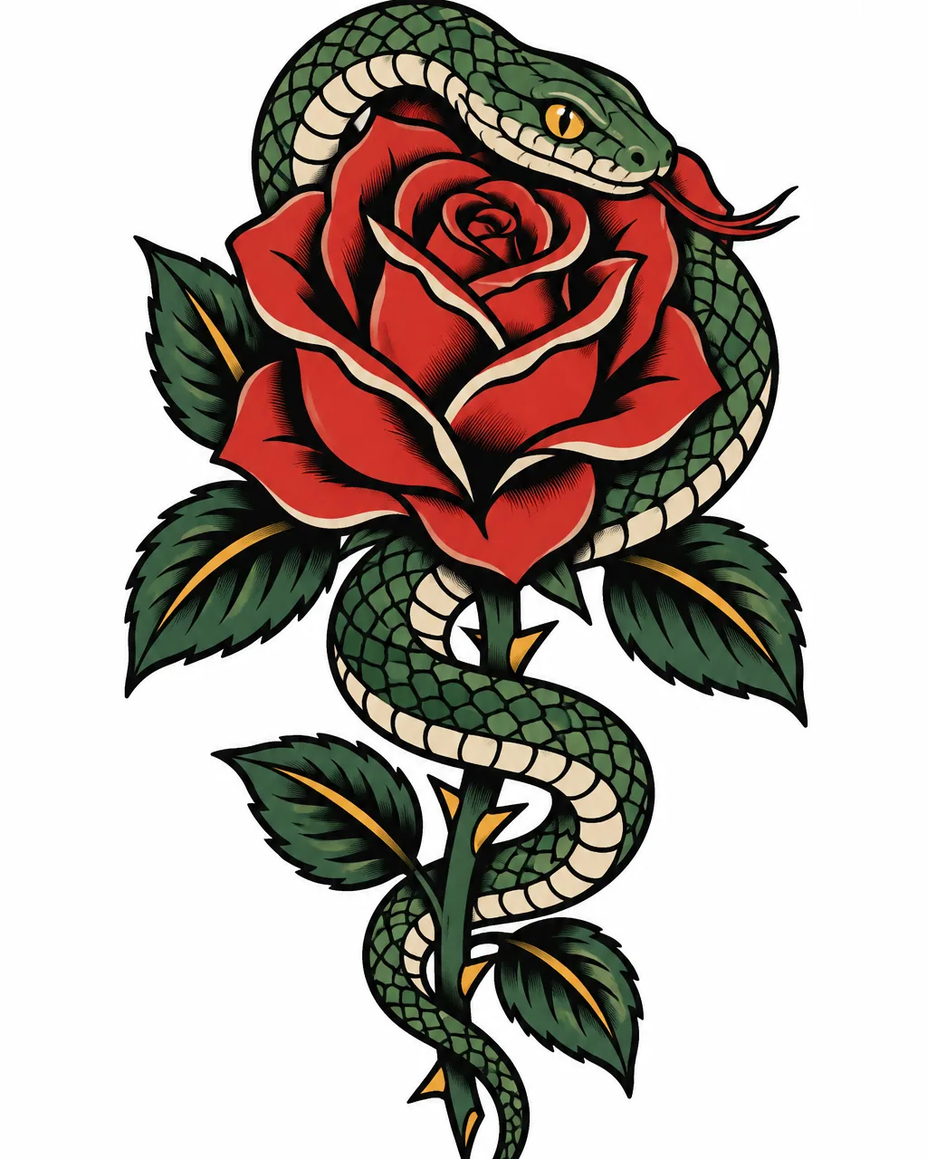American traditional rose tattoo design wrapped by a snake, red and green, for the calf