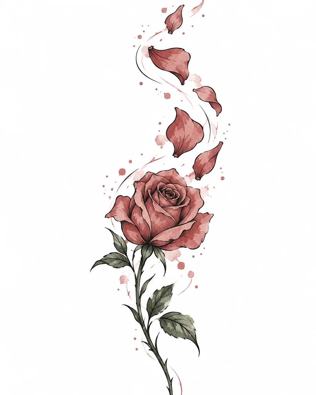 Watercolor rose tattoo design shedding petals in dusty rose washes, for the forearm
