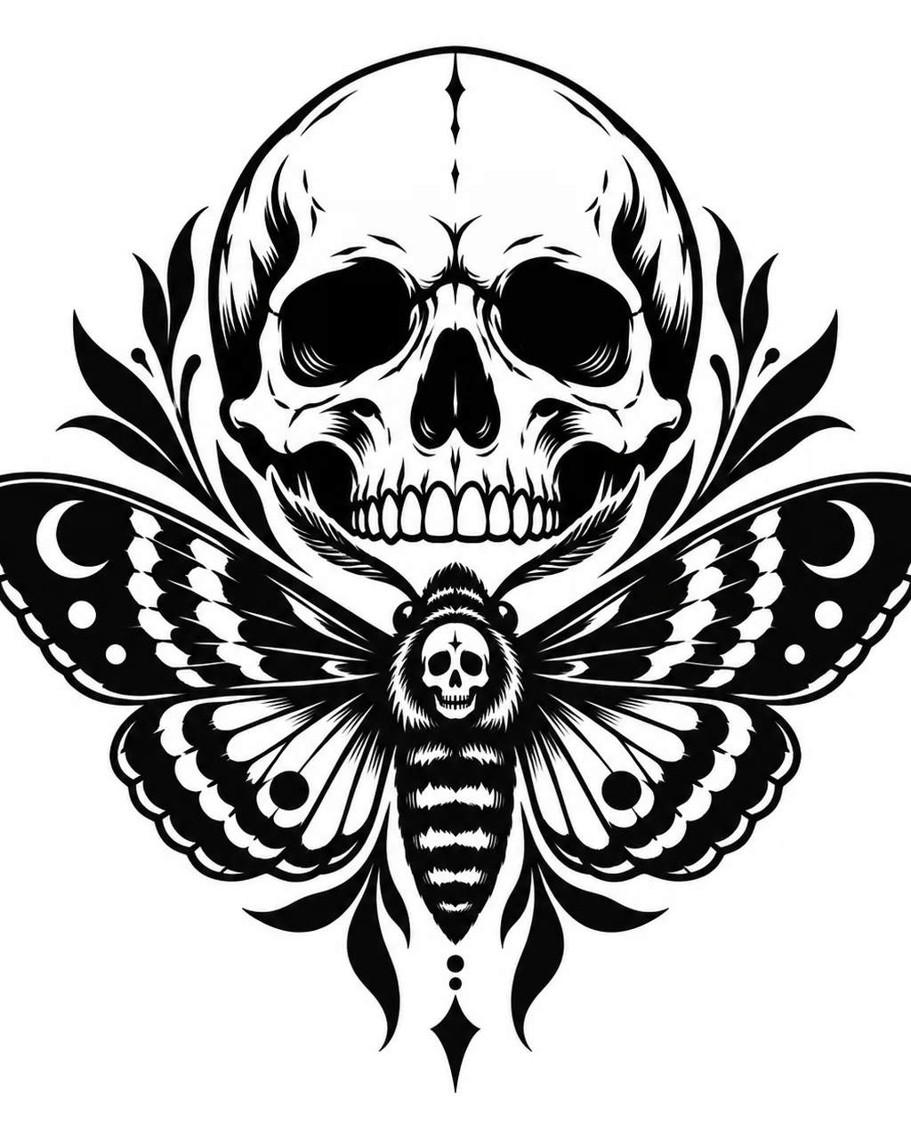 Blackwork skull and moth tattoo design, for the back of the hand