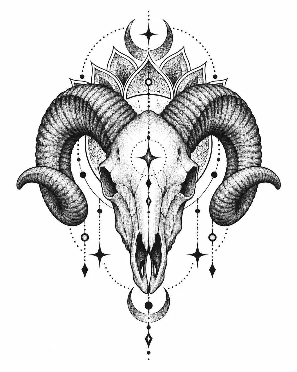 Dotwork ram skull tattoo design with curling horns, for the upper arm