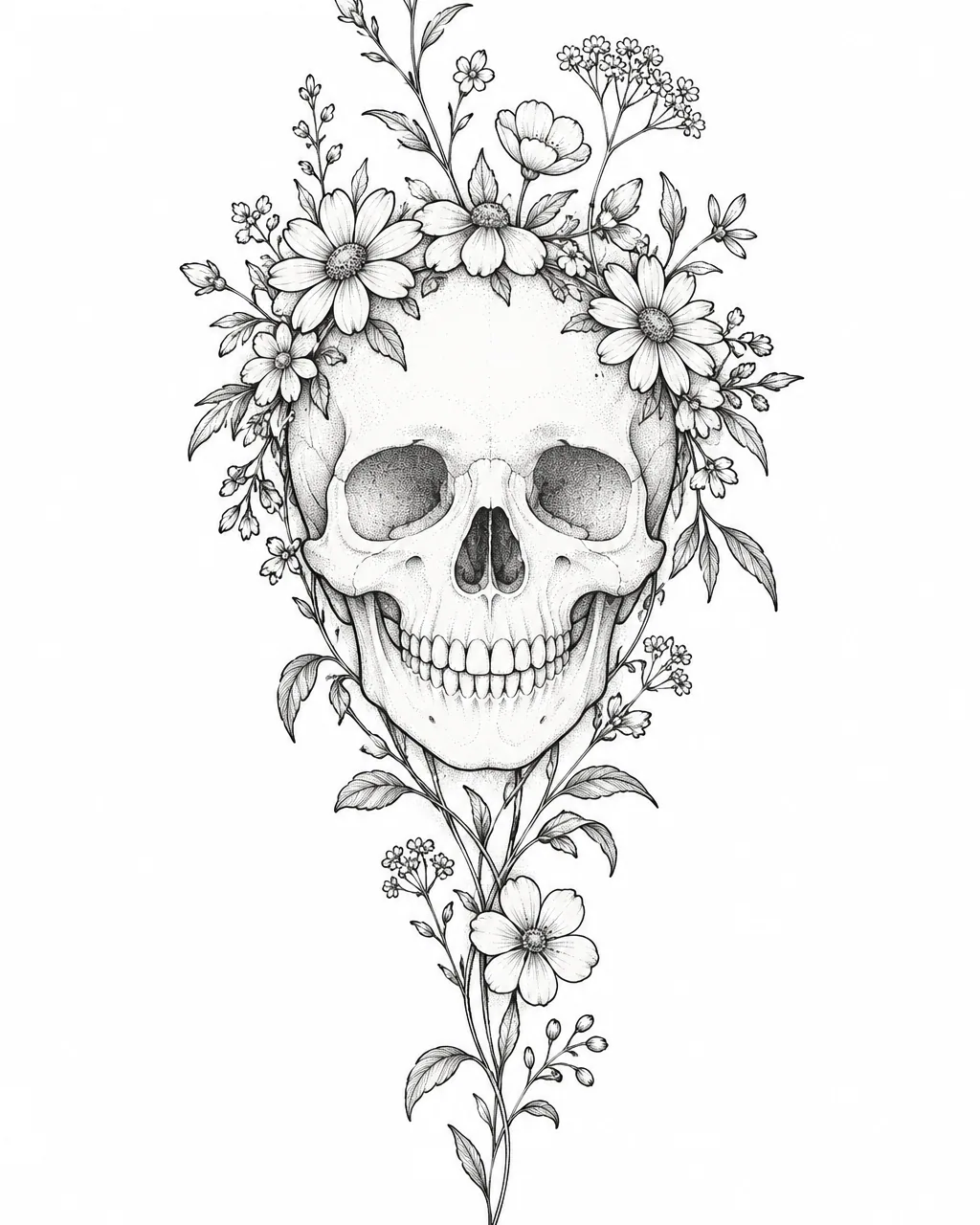 Fine line skull tattoo design with a wildflower crown, black ink, for the forearm