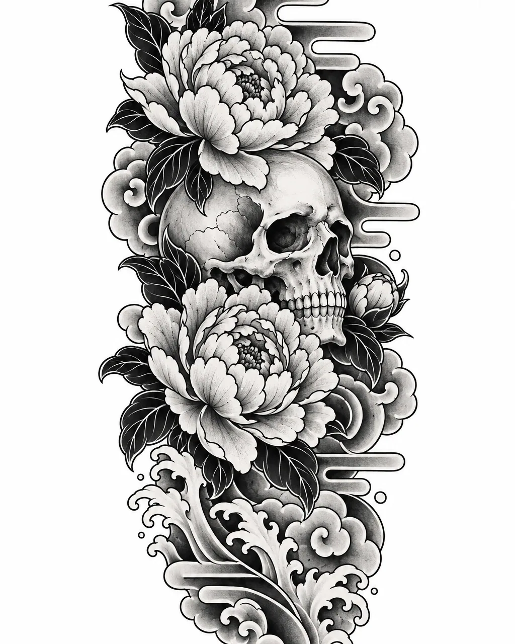 Japanese skull tattoo design among peonies and wind bars, for the forearm