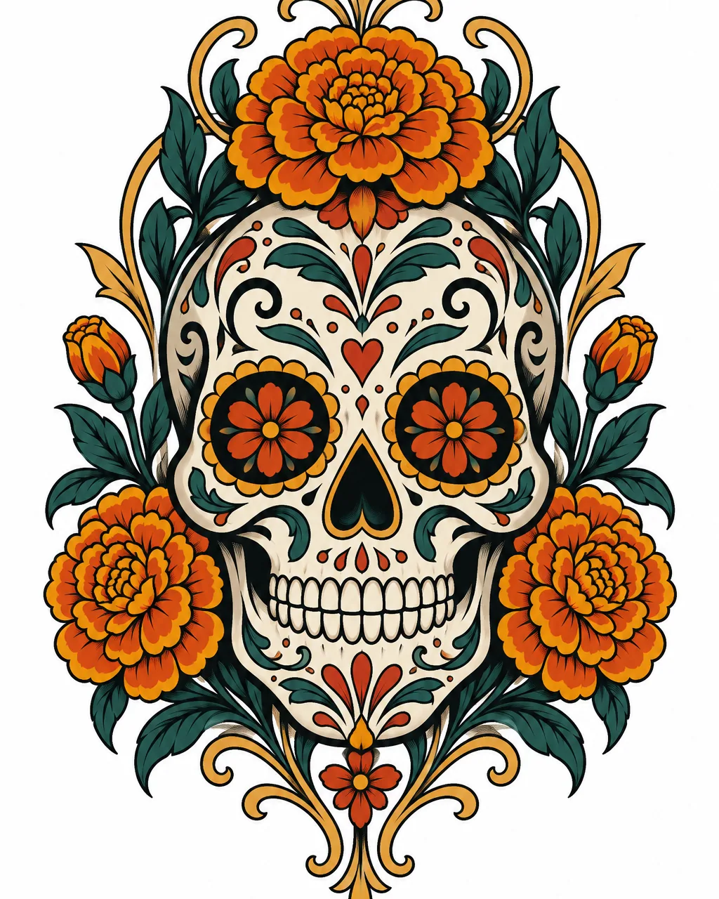Neo-traditional sugar skull tattoo design with marigolds, for the calf