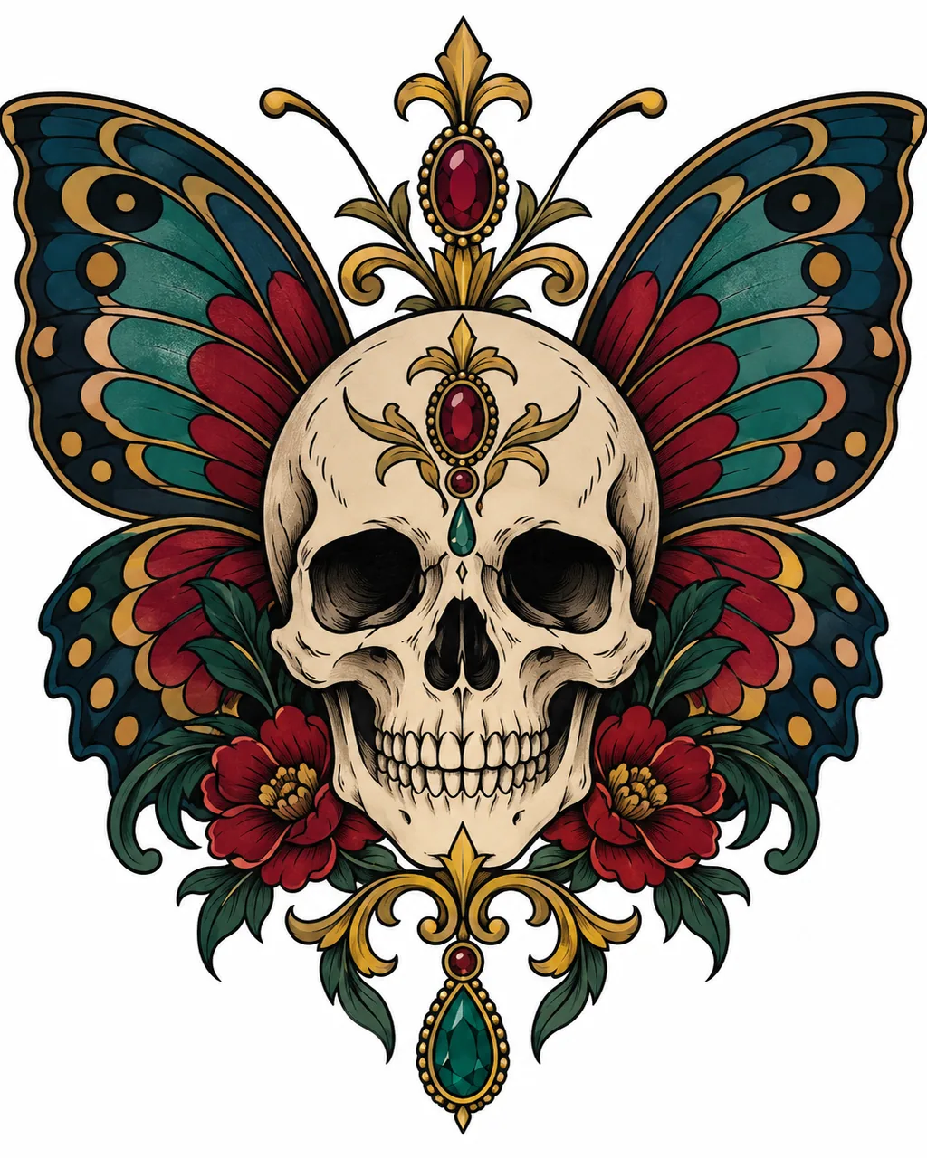 Neo-traditional skull tattoo design with butterfly wings, for the upper arm