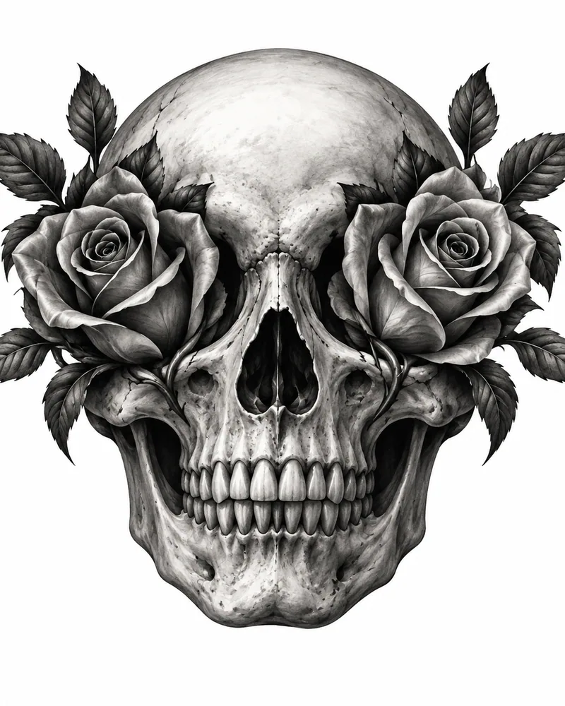 Realism skull tattoo design: a rounded skull with roses growing from its eye sockets, black and grey, for the hand