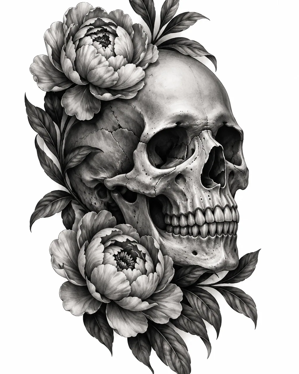 Black and grey realism anatomical skull tattoo design, for the upper arm