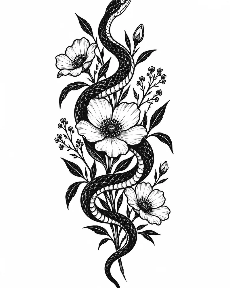 Blackwork snake tattoo design: a slender snake winding through wildflowers, black and grey, for the calf