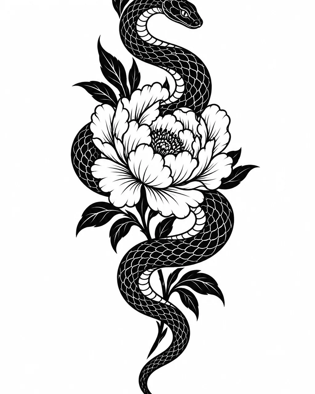 Blackwork snake tattoo design coiled around a peony in solid black, for the forearm