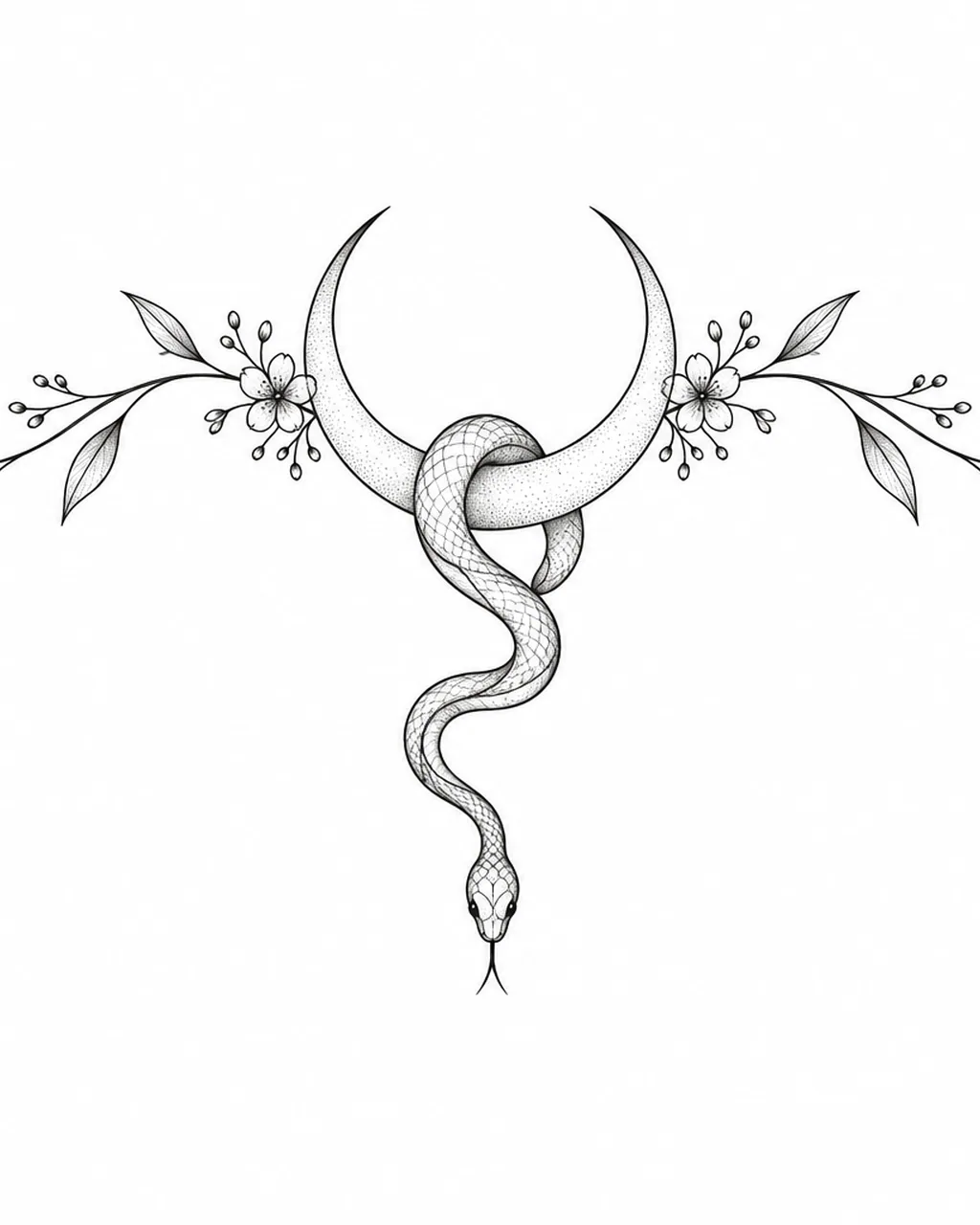 Fine line snake tattoo design hanging from a crescent moon, for the ankle