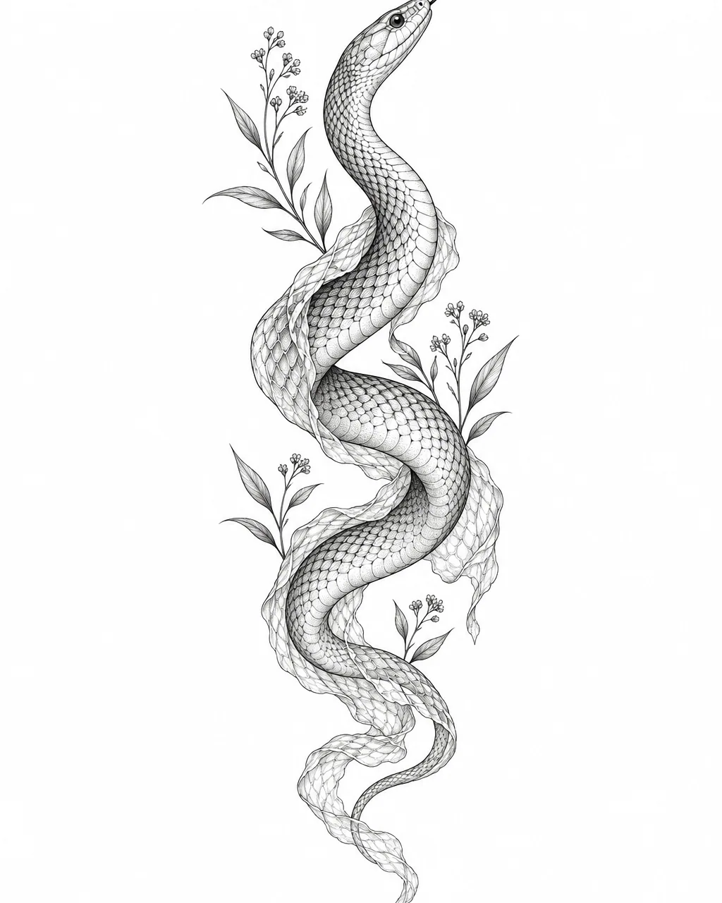 Fine line snake tattoo design shedding its skin, black ink, for the calf