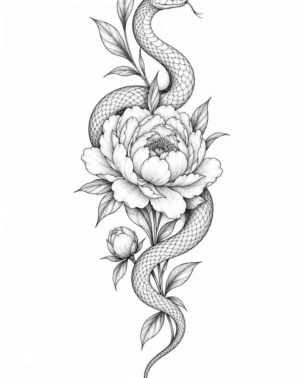 Fine line snake tattoo design coiled around a peony, black ink, for the forearm