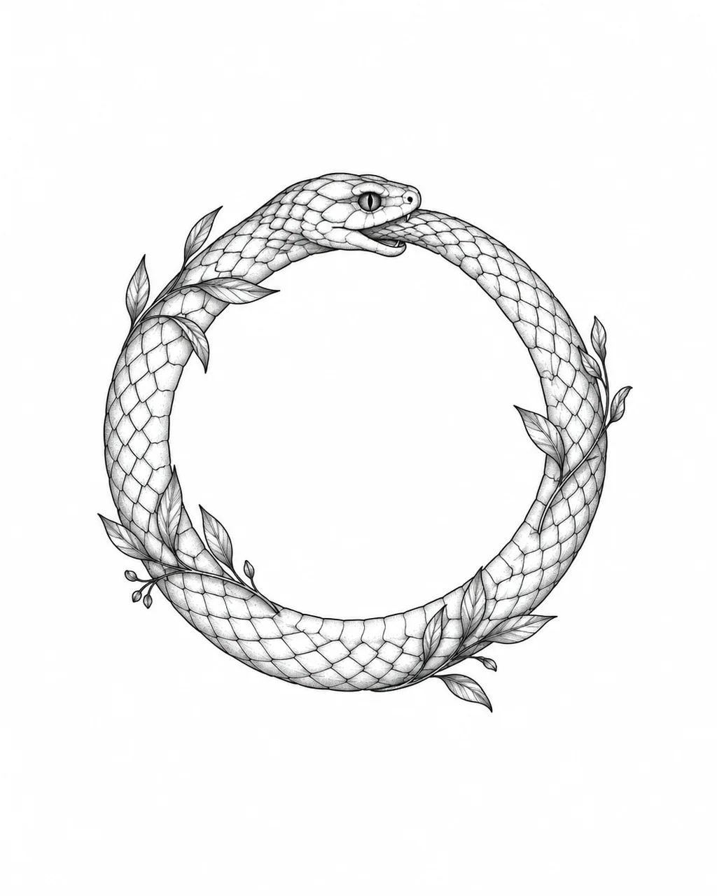 Fine line ouroboros snake tattoo design in a circle, black ink, for the wrist