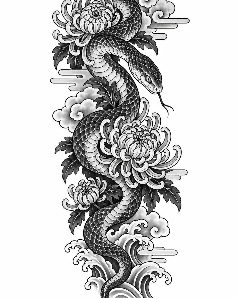 Japanese snake tattoo design winding through chrysanthemums and wind bars, black and grey, for the forearm