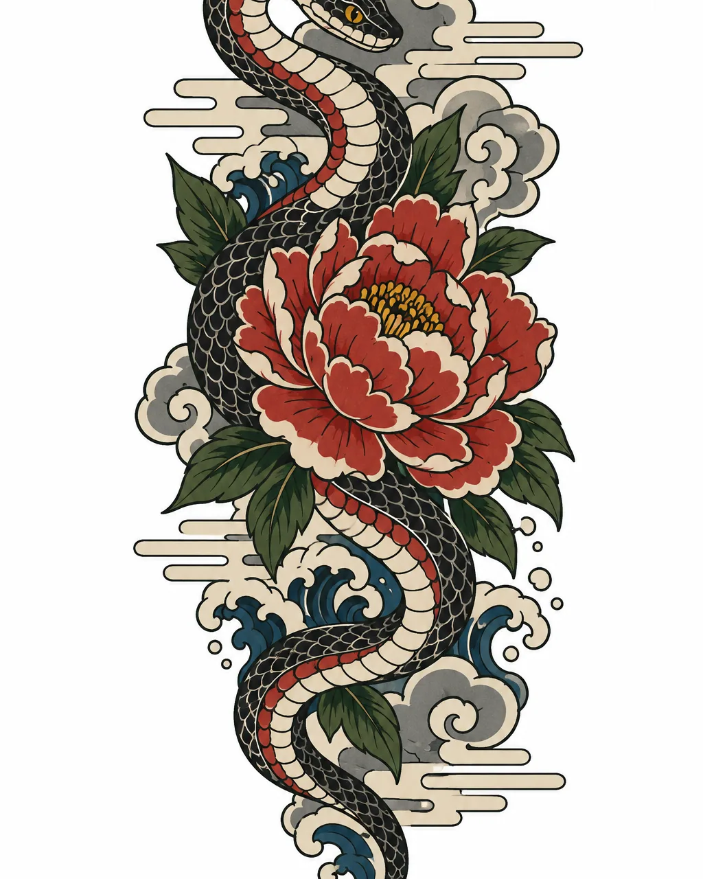 Japanese snake tattoo design coiled around a peony in color, for the forearm