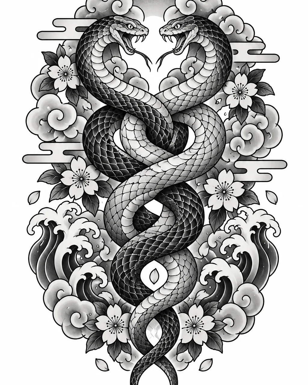 Japanese snake tattoo design of two intertwined snakes, black and grey, for the upper arm
