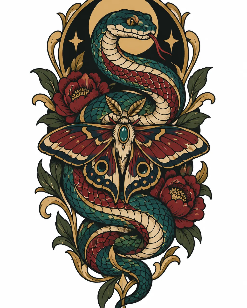 Neo-traditional snake tattoo design with a moth on its coils, for the upper arm